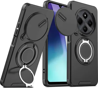 Immagine prodotto di Custodia a doppio strato per Xiaomi Redmi A4 5G / Poco C75 / Redmi 14C 4G, con copertura scorrevole della fotocamera e supporto ad anello magnetico Nero