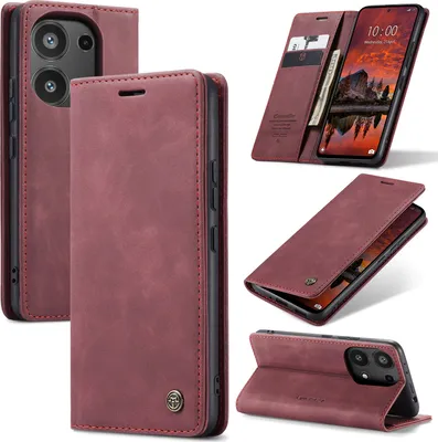 A collage of images showing a red leather phone case for a Xiaomi Poco M6 Pro 4G.
