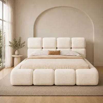Image de Lit double rembourré 160x200 cm avec sommier à lattes, tête de lit capitonnée design nuage Bubble, bouclé blanc, Image générée par une IA