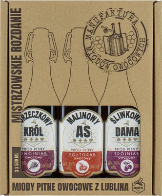 Produktbild von Set mit 3 Craft Honigfruchtweine |Geschenkset im Karton|Met Malinowy As Pó³torak-Halber, Porzeczkowy Król Dwójniak-Halber, Œliwkowa Dama Trójniak-Drittel| | 1500ml | 14-16% Alkohol Metwein
