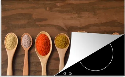 Produktbild von KitchenYeah© Herdabdeckplatte Farbige Gewürze auf Löffeln , 81x52cm, Küche Deko, Glaskeramikkochfeld Herdabdeckung, Abdeckplatte fùr Kochfeld