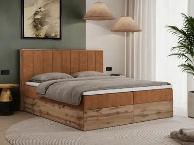 Produktbild von MKS MEBLE Boxspringbett 200x200 mit Bettkasten Eiche, Polsterbett 200x200 mit Matratze H4, Bett 200x200 mit Kopfteil, Bett mit Holzrahmen in Wotan Eiche - Orange Struktur - Bellissimo
