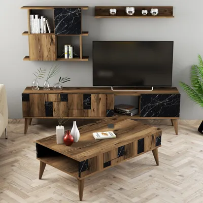 Produktbild von Skye Decor, Madrid - Black, Wohnzimmermöbel-Set, Nussbaum, 100 % MELAMINBESCHICHTETE SPANPLATTEN, 180 x 33,8 x 48,6 cm
