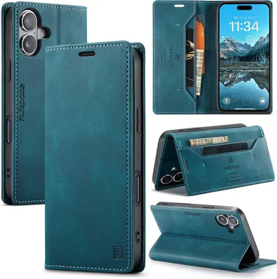 Immagine prodotto di Custodia per iPhone 16, custodia retrò in Finto cuoio, supporto e custodia protettiva blu