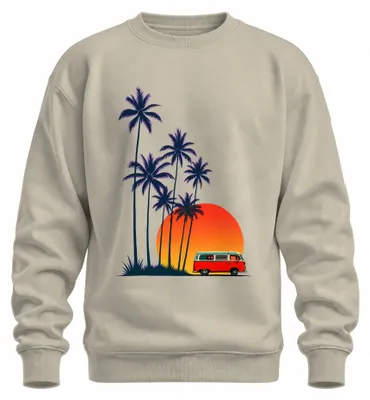 Obrázek produktu pro Retro mikina s motivem: autokaravan, palmy, západ slunce, pláž, roadtrip. Barva: přírodní. Velikost: XL