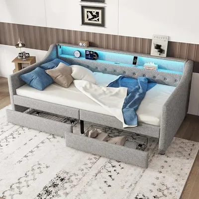 Imagen del producto de Sofá cama para niños de 90x200 cm con tiras LED y puerto USB, color gris