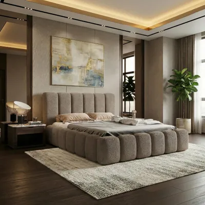 Produktbild von LUXKOR24 Polsterbett VELORA 180x200cm mit Bettkasten & Metallgestell - Bouclé Stoff  TAUPE CORAL