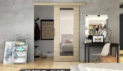 A sliding door with a mirror is shown in a room setting, with a desk and chair to the right and a ladder with pillows to the left.