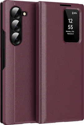 Produktbild von Leder Flip Case für Samsung Galaxy Z Fold 6, Smart View Fenster Handyhülle mit Kartenfach Rot