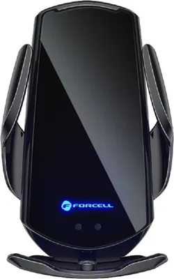 A black wireless car charger with a blue illuminated logo.