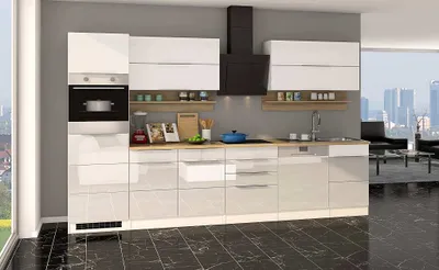 Produktbild von Küchenblock Neapel 330 cm weiß hochglanz mit Geschirrspüler und Glaskeramik Kochfeld