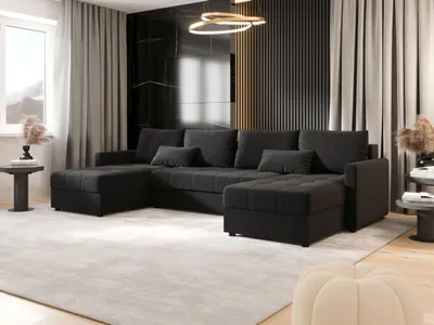 A modern living room with a large U-shaped sectional sofa.