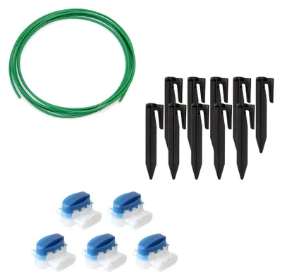 A collection of garden wire, stakes, and connectors arranged on a white background.