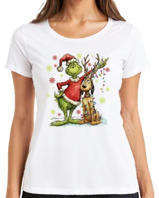 Obrázok produktu pre Grinch Christmas Reindeer Fairy Lights Snowflakes Darčekové dámske tričko, biele, L
