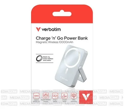 Produktbild von Verbatim Charge `n` Go - Induktive Power Bank - magnetisch, mit Ständer - Li-Pol - 10000 mAh - 20 Watt - 3 A - PD (USB-C)