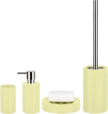 Produktbild von Spirella Badezimmer Set, 4-teiliges Badzubehör aus Porzellan Tube Seifenspender, Seifenschale, WC Bürste und Zahnputzbecher Gelb