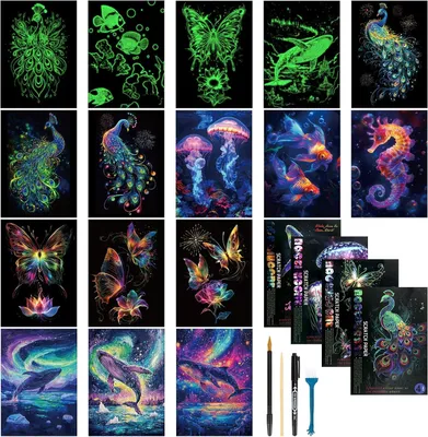 Productafbeelding van 16 vellen krasbeeldjes voor volwassenen, lichtgevend kraspapier A4 met 4 gereedschappen, 29 x 21 cm zeeleven+walvis+vlinder+pauw krasbeeld