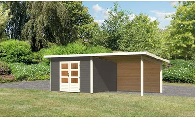 Produktbild von Gartenhaus Karibu Speyer 3 inkl. Anbaudach 3,3 m und Rückwand 664 x 331,5 cm terragrau