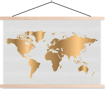 Produktbild von MuchoWow® Textilposter Weltkarte - Gold - Muster - Kinder - Jungen - Mädchen 120x80 cm mit holzfarbenen Rahmen - Aufhängeset