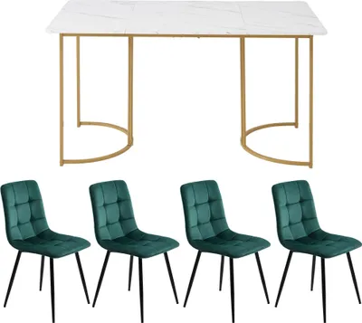 Produktbild von Essgruppe (5-tlg) Esstisch mit 4 Stuehlen Set Kuechentisch Set Schwarz Metallbeinen Weiss MDF Tischplatte Dunkelgruen Samt Esszimmerstuhl 140x80cm