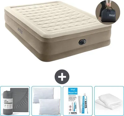 Productafbeelding van Tweepersoons luchtbed - 152 x 203 x 46 cm - Beige - inclusief pomp - met beddengoed - kussen - kussensloop en reparatieset