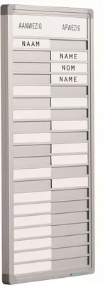 Produktbild von Anwesenheitstafel mit 30-Positionen | HxB 24x75cm | auf Deutsch | inkl. Befestigungsmaterial & blanko Namenschilder | Aluminium/Weiß