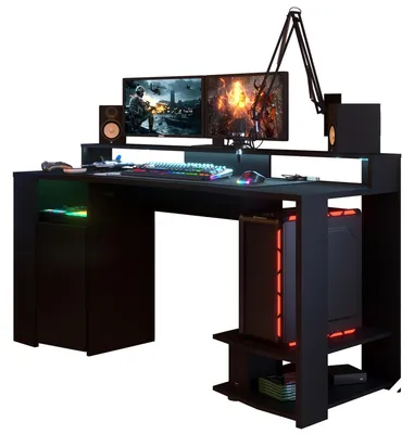 Image de Bureau de jeu à LED, noir mat, 152 x 61,5 x 87 cm