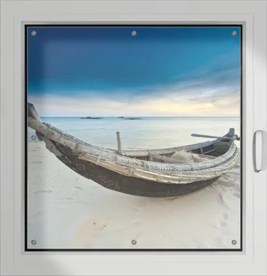 Produktbild von Wallario Lichtschutzbild, Dekorativer Sichtschutz Sonnenschutz 96 x 93 cm mit Motiv: Fischerboot am Strand mit Sonnenuntergang - Verdunklung ohne Bohren