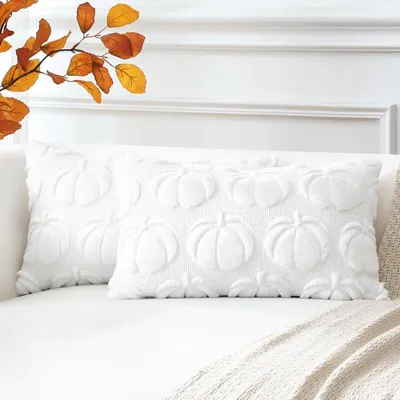 Immagine prodotto di Cuscini decorativi a forma di zucca, set da 2, in lana e peluche, 40x60 cm, colore bianco, decorazioni autunnali