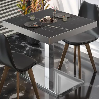 Produktbild von BM | Bistrotisch | B:T:H 80 x 80 x 77 cm | Schwarz Marmor / Edelstahl | Quadratisch | Edelstahl Rand | Bistro Tisch Esstisch