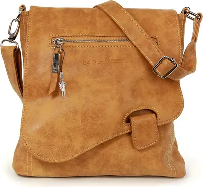 A brown leather crossbody bag is shown against a white background.