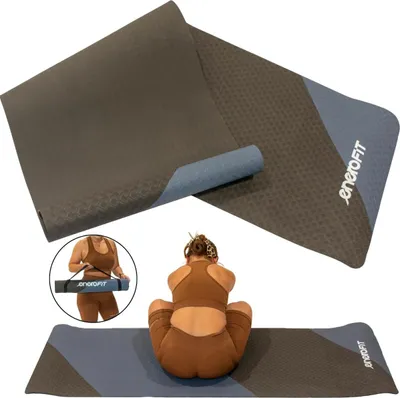 Obrázok produktu pre Podložka na jogu a fitness podložka Enero Fit TPE protišmyková čierno-modrá - ľahká, odolná a ekologická, 183x61x0,4 cm - na jogu, pilates a cvičenie