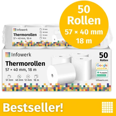 Produktbild von NEU: Infowerk Thermorollen / Kassenrollen, 50 Rollen, 57mm x 40mm x 12mm, 18m, , PEFC , für EPSON, IBM u.v.m