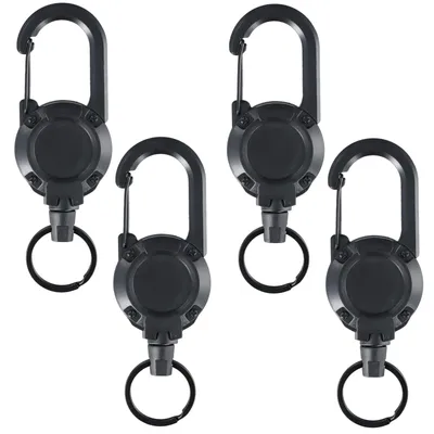 Produktbild von 4-teiliges Set aus einziehbaren Schlüsselanhängern, ausziehbarem Schlüsselring und Lanyard mit 70 cm Stahlseil, für Ausweishüllen, Schlüsselkarten und Kartenetuis (schwarz)