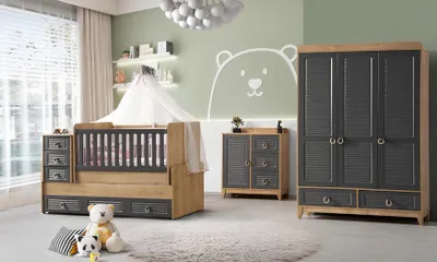 Produktbild von Stilvoll Kinderzimmermöbel Kinderzimmer Kinderbett Grau Holz Set 3tlg