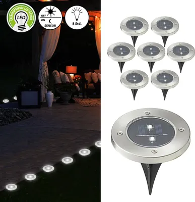 Produktbild von Wegleuchte Solar 8er Set Erdspieß Gartenleuchte Bodenlicht 2 LEDs Ø 12cm Edelstahl