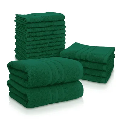 Produktbild von Vency Premium 18er-Set – 100% Baumwolle – Saugfähige und strapazierfähige Handtücher, Größe 2X (70x140 cm), 4X (40x70 cm), 12X (30x30 cm) - Dunkelgrün
