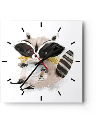 Produktbild von Wanduhr - Quadrat - Glasuhr - Waschbär Tasse Kinder - 40x40cm - Schleichendes Uhrwerk - Lautlos - zum Aufhängen bereit - Dekoration Modern - Wanddekoration aus Glas - C3AC40x40-4716