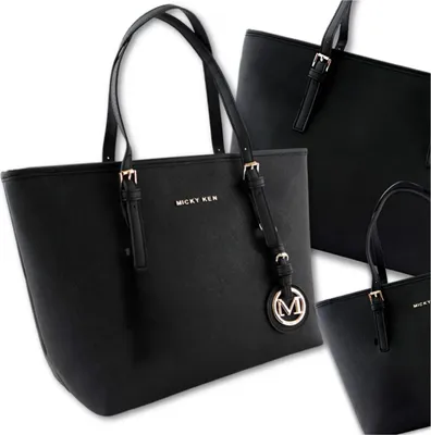 Three black tote bags are displayed against a white background. The main bag in the foreground has the brand name 'MICKY KEN' and a circular logo with an 'M' on it.