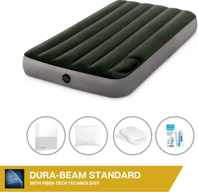 Produktbild von Intex Luftbett - 1 Person - 99 x 191 x 25 cm - Grün - Mit eingebauter Fußpumpe + Spannbettlaken Weiß + Kopfkissen + Molton 2 in 1 Kissenbezüge + Reperaturset