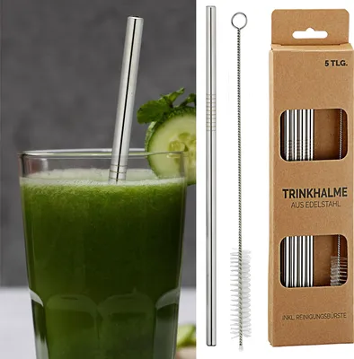 Produktbild von Edelstahltrinkhalme 4er Set Ø8mmx20cm Reinigungsbürste Strohhalm Trinkhalm wiederverwendbar nachhaltig umweltfreundlich