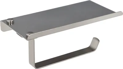 Imagen del producto de Soporte para rollos de papel higiénico con un compartimento adhesivo para teléfonos móviles, acabado en acero inoxidable con efecto espejo, resistente y que se puede fijar con adhesivo o con tornillos