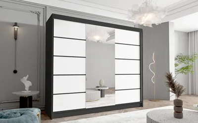 Produktbild von Schwebetürenschrank Netro VI 250 cm mit Spiegel - Groß Kleiderschrank, Schiebetürenschrank mit Kleiderstange und Einlegeboden, Schlafzimmerschrank, Schiebetüren, 250x215x58 cm (Schwarz/Weiß)