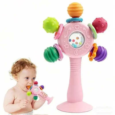 Produktbild von Baby Saugnapf Spielzeug – Beißring & Rassel – geeignet ab 3 Monaten – interaktives pädagogisches Babyspielzeug – Rosa