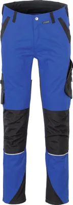 A pair of blue and black work pants are shown against a white background.