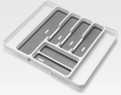 Produktbild von Erweiterbarer Schubladen-Organizer Besteckkasten mit 6-8 Fächern, Weiß/Grau, 34-58,5 x 41,5 x 5 cm