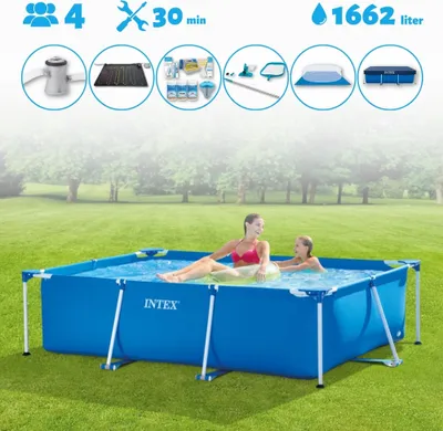 Produktbild von Intex-Schwimmbecken mit rechteckigem Rahmen – 220 x 150 x 60 cm – Blau – im Lieferumfang enthalten Abdeckung - Bodenplane - Filterpumpe für Schwimmbad - Solarmatte - Wartungspaket - Reinigungskit