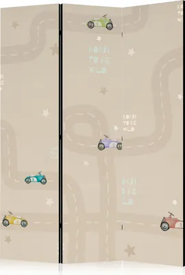 Obrázek produktu pro 3-teiliger Doppelseitiger Vlies Paravent - Race - Barevná auta na silnici na béžovém pozadí s hvězdami 135x172 cm Für Kinder e-C-10067-z-a