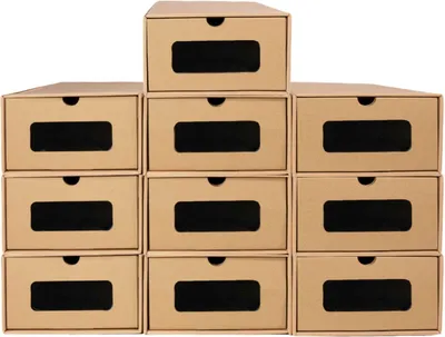 Produktbild von Intirilife 10-teiliges Schuhboxen Set mit Sichtfenster Ordnungsboxen aus brauner Pappe - 23 x 35.5 x 13.5 cm - Schuhkarton zum Aufbewahren und Transportieren