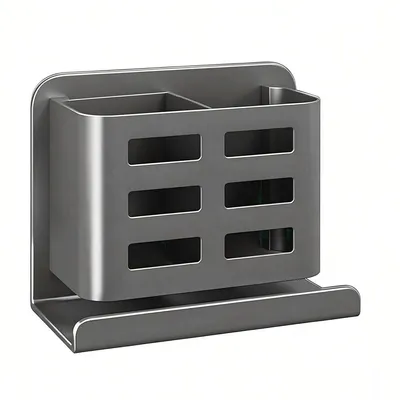 Produktbild von Grauer wandmontierter Zahnbürstenhalter, Dusch-Rasierhalter aus Aluminium, bohrfrei, abnehmbarer Zahnpasta-Organizer